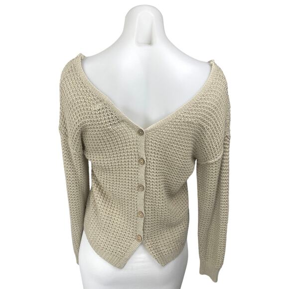 Pink Rose Women's Beige Long Sleeve V Neck Button Up Back Sweater Top Size S - Picture 2 of 4